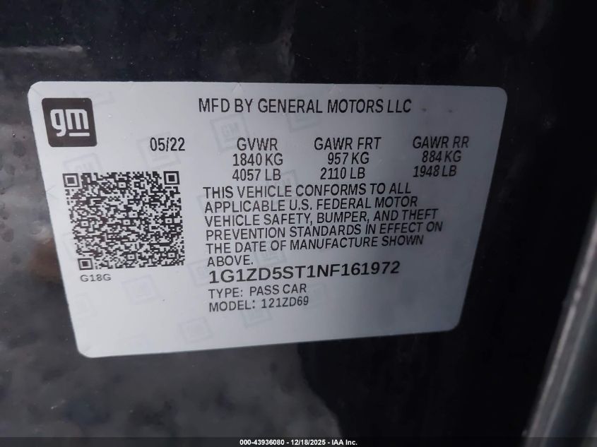 2022 Chevrolet Malibu Fwd Lt VIN: 1G1ZD5ST1NF161972 Lot: 43936080