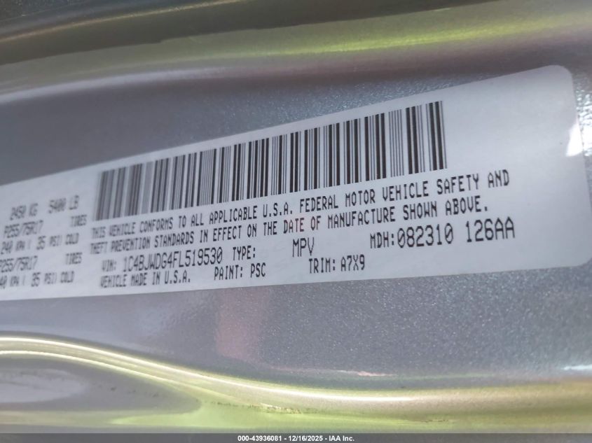 2015 Jeep Wrangler Unlimited Sport VIN: 1C4BJWDG4FL519530 Lot: 43936081