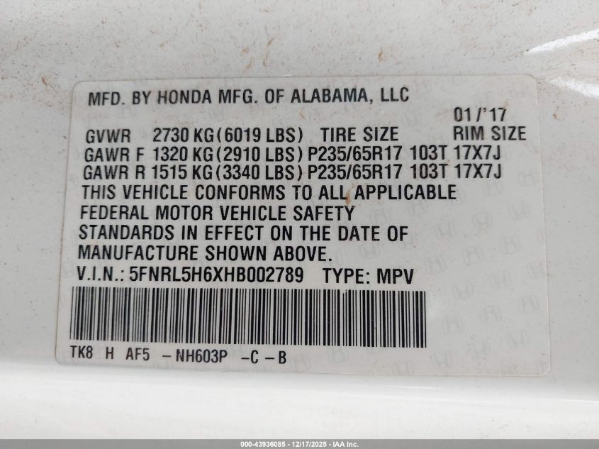 2017 Honda Odyssey Ex-L VIN: 5FNRL5H6XHB002789 Lot: 43936085