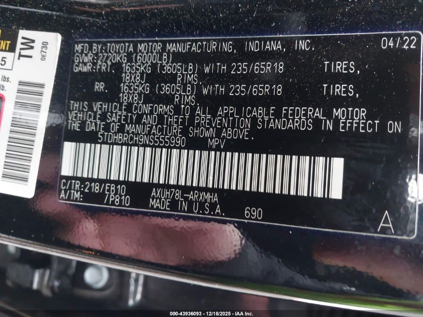 2022 Toyota Highlander Hybrid Xle VIN: 5TDHBRCH9NS555990 Lot: 43936093