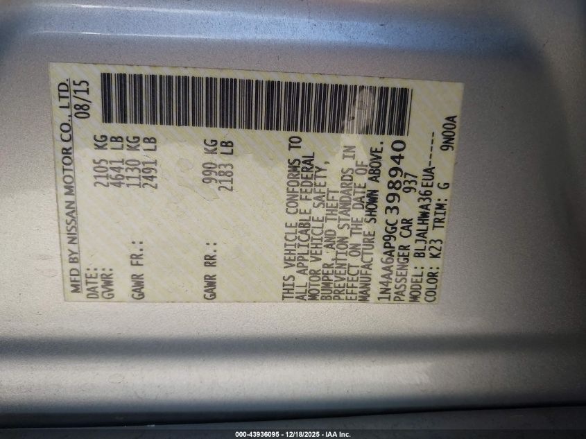 2016 Nissan Maxima 3.5 Platinum VIN: 1N4AA6AP9GC398940 Lot: 43936095