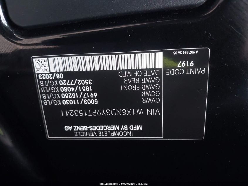 2023 Mercedes-Benz Sprinter 3500Xd High Roof 4-Cyl Diesel Ho VIN: W1X8ND3Y9PT153241 Lot: 43936099