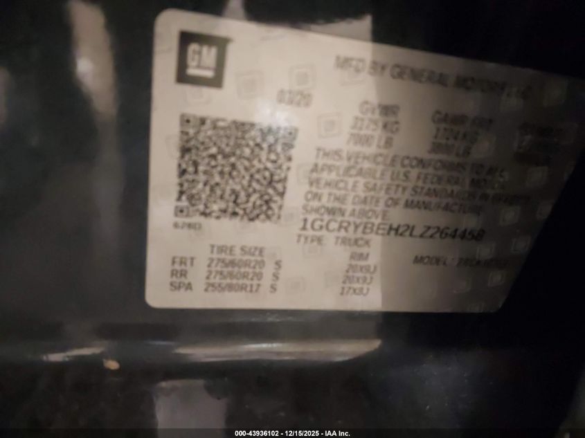 2020 Chevrolet Silverado 1500 4Wd Standard Bed Custom VIN: 1GCRYBEH2LZ264458 Lot: 43936102