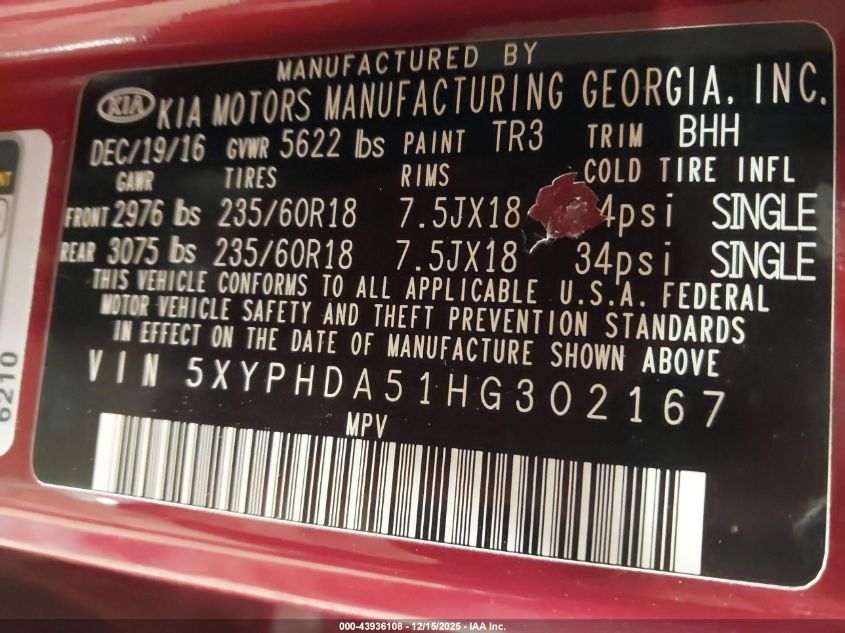2017 Kia Sorento 3.3L Ex VIN: 5XYPHDA51HG302167 Lot: 43936108