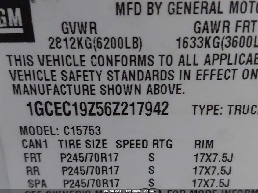 2006 Chevrolet Silverado 1500 Lt1 VIN: 1GCEC19Z56Z217942 Lot: 43936111