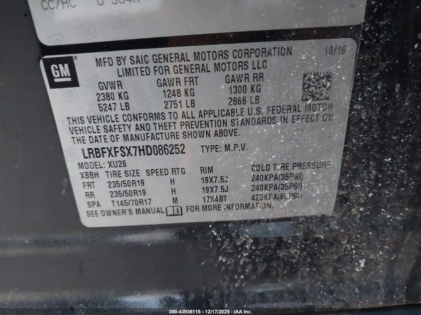 2017 Buick Envision Premium Ii VIN: LRBFXFSX7HD086252 Lot: 43936115