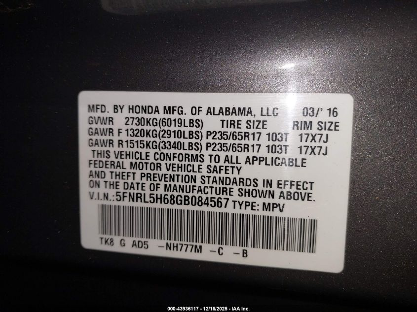 2016 Honda Odyssey Ex-L VIN: 5FNRL5H68GB084567 Lot: 43936117