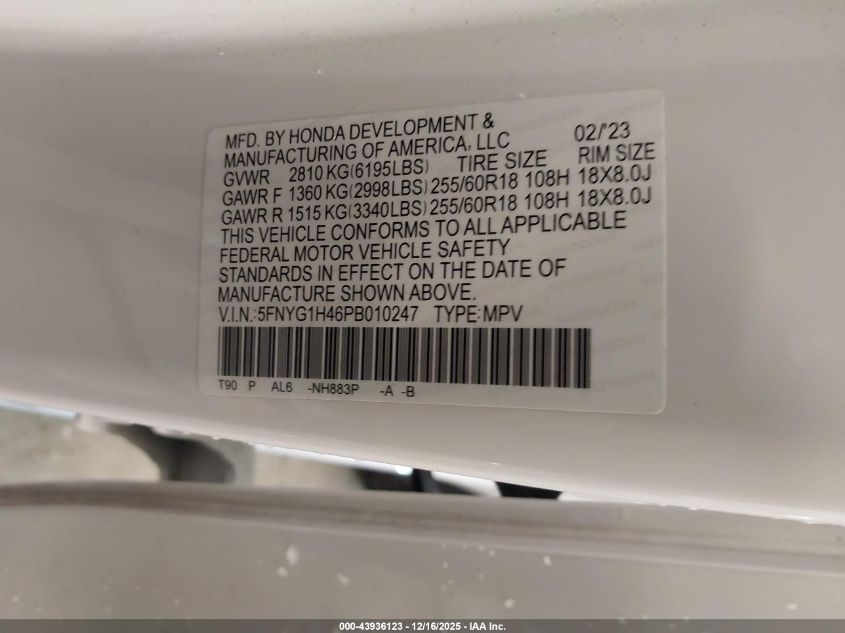 2023 Honda Pilot Awd Ex-L 8 Passenger VIN: 5FNYG1H46PB010247 Lot: 43936123