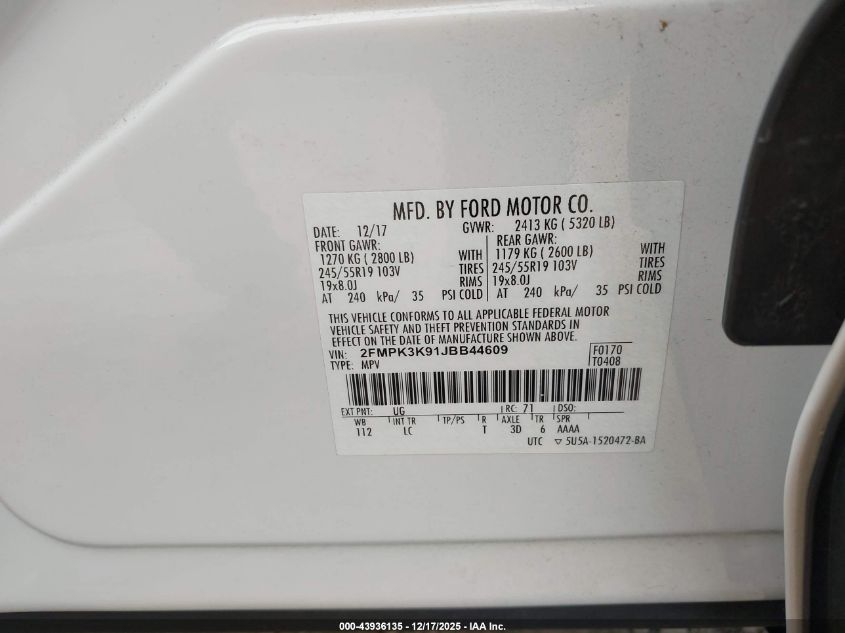 2018 Ford Edge Titanium VIN: 2FMPK3K91JBB44609 Lot: 43936135