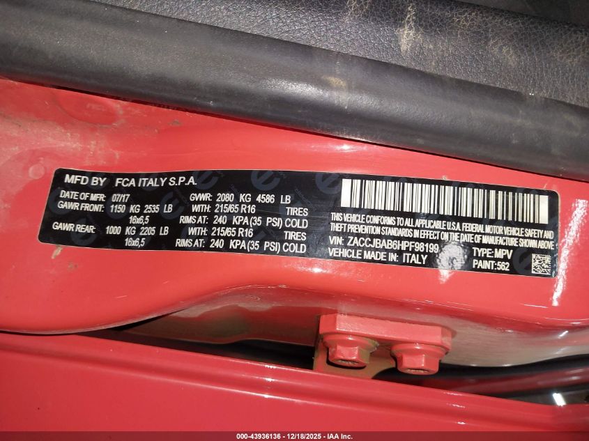 2017 Jeep Renegade Sport 4X4 VIN: ZACCJBAB6HPF98199 Lot: 43936136