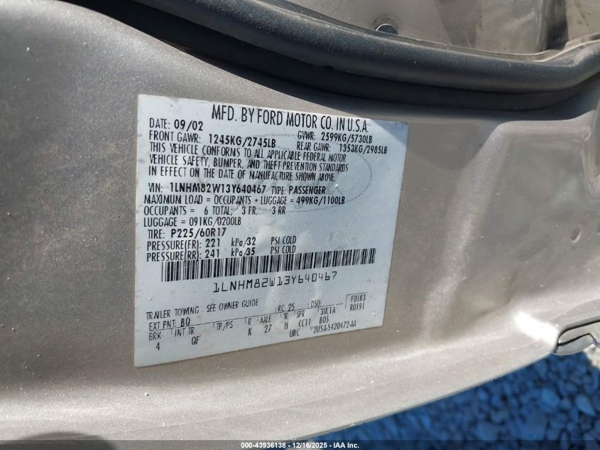 2003 Lincoln Town Car Signature VIN: 1LNHM82W13Y640467 Lot: 43936138