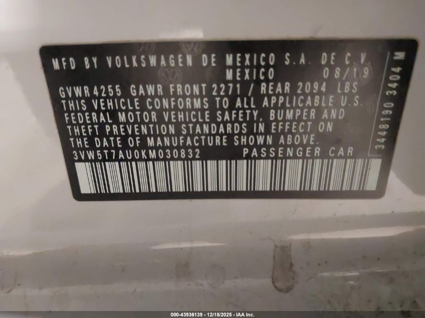 2019 Volkswagen Golf Gti 2.0T Autobahn/2.0T Rabbit Edition/2.0T S/2.0T Se VIN: 3VW5T7AU0KM030832 Lot: 43936139