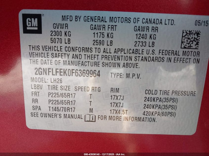 2015 Chevrolet Equinox 1Lt VIN: 2GNFLFEK0F6369964 Lot: 43936140