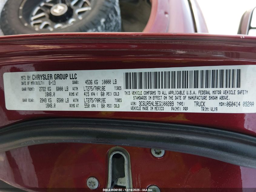 2014 Ram 2500 Laramie VIN: 3C6UR5NL9EG100289 Lot: 43936150