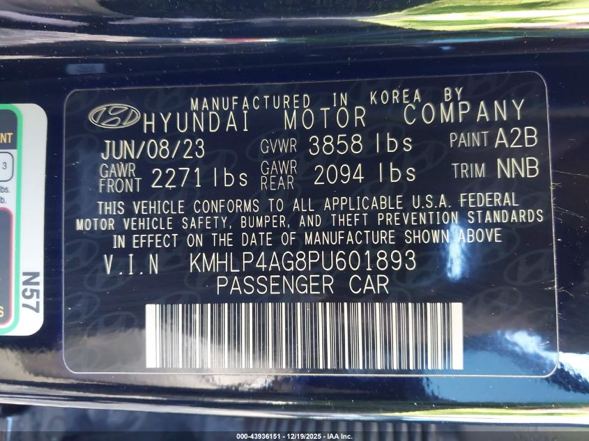 2023 Hyundai Elantra Limited VIN: KMHLP4AG8PU601893 Lot: 43936151