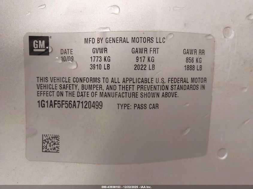 2010 Chevrolet Cobalt Lt VIN: 1G1AF5F56A7120499 Lot: 43936153