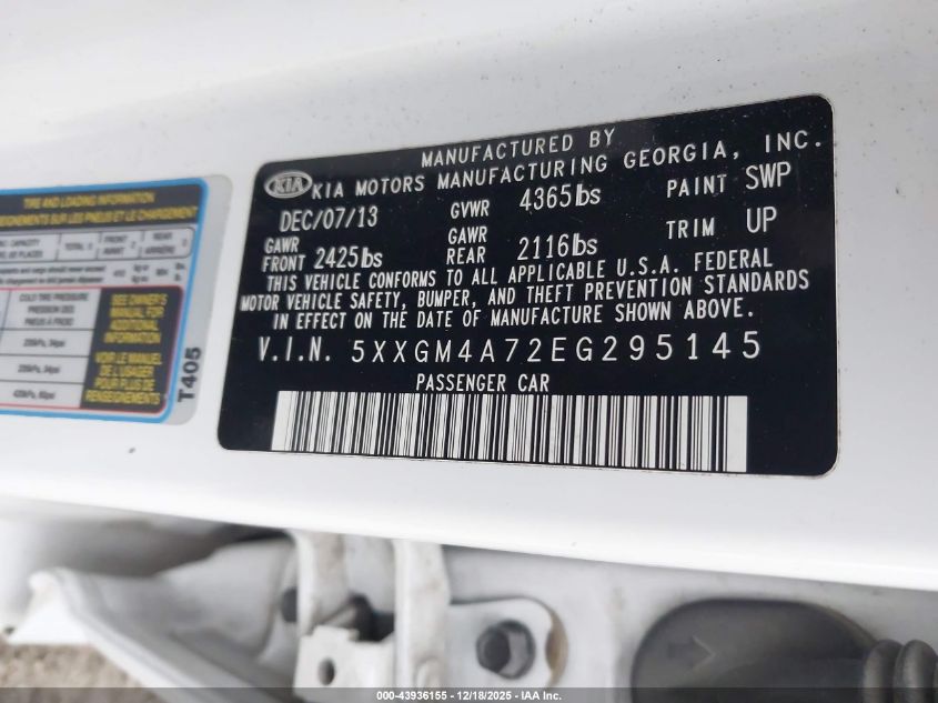 2014 Kia Optima Lx VIN: 5XXGM4A72EG295145 Lot: 43936155