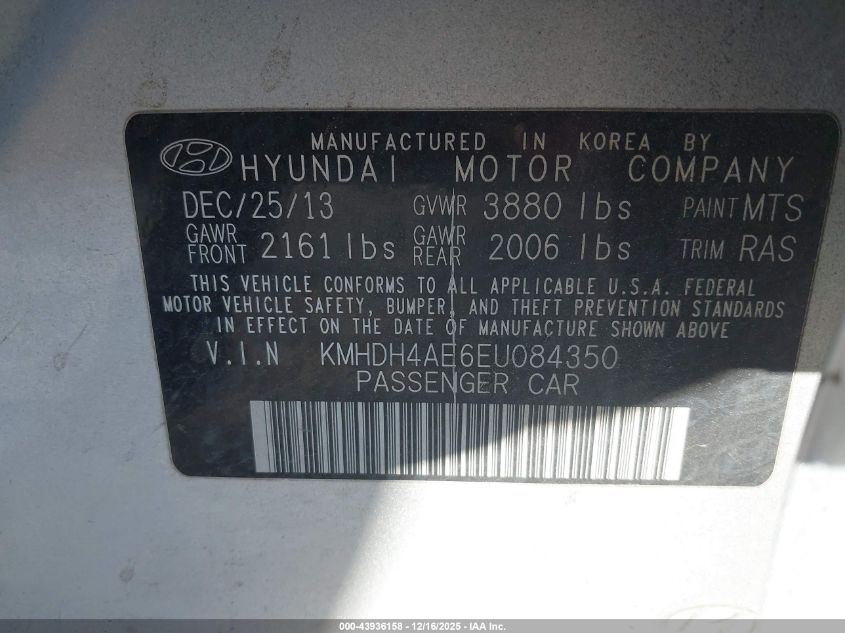 2014 Hyundai Elantra Se VIN: KMHDH4AE6EU084350 Lot: 43936158
