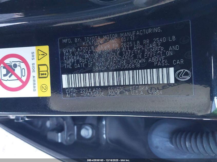 2017 Lexus Es 350 VIN: 58ABK1GGXHU066818 Lot: 43936165