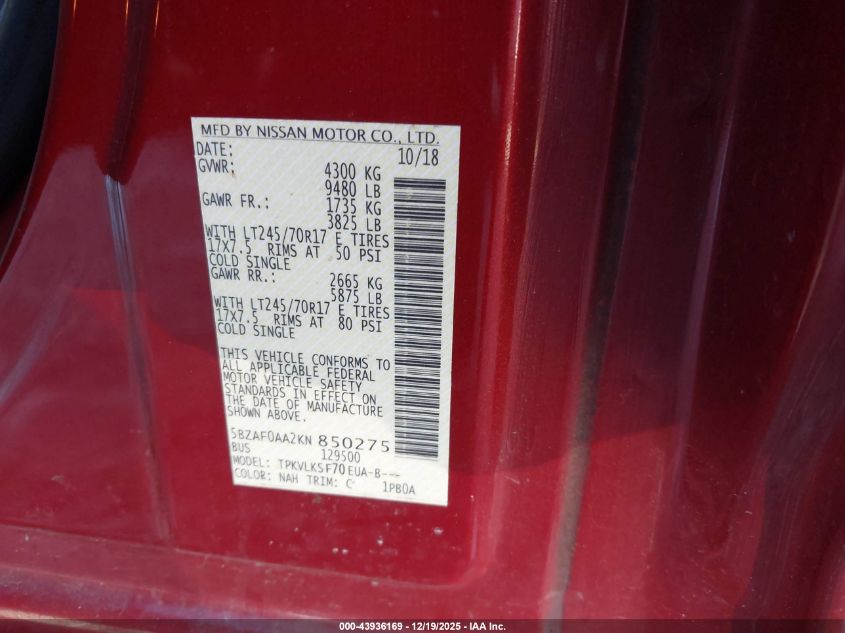 2019 Nissan Nv Passenger Nv3500 Hd Sl V8 VIN: 5BZAF0AA2KN850275 Lot: 43936169