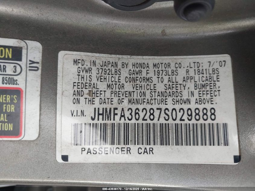 2007 Honda Civic Hybrid VIN: JHMFA36287S029888 Lot: 43936170