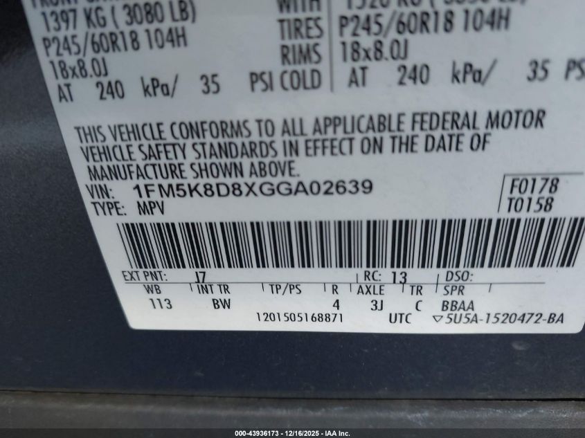 2016 Ford Explorer Xlt VIN: 1FM5K8D8XGGA02639 Lot: 43936173