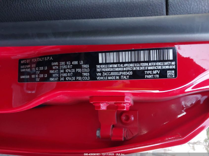 2018 Jeep Renegade Latitude 4X4 VIN: ZACCJBBB0JPH83420 Lot: 43936183