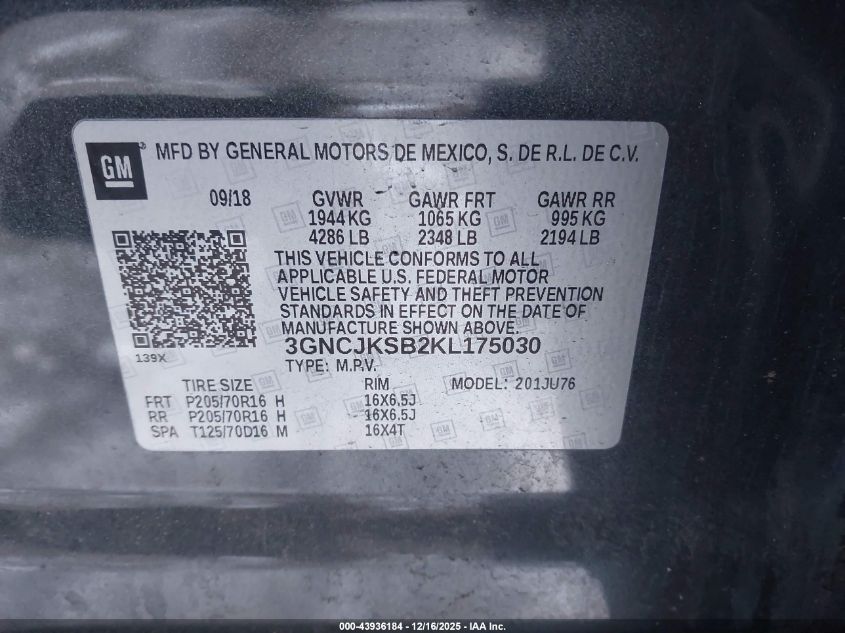 2019 Chevrolet Trax Ls VIN: 3GNCJKSB2KL175030 Lot: 43936184