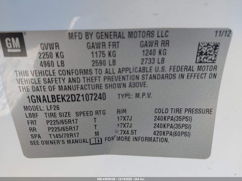 2013 Chevrolet Equinox Ls VIN: 1GNALBEK2DZ107240 Lot: 43936186