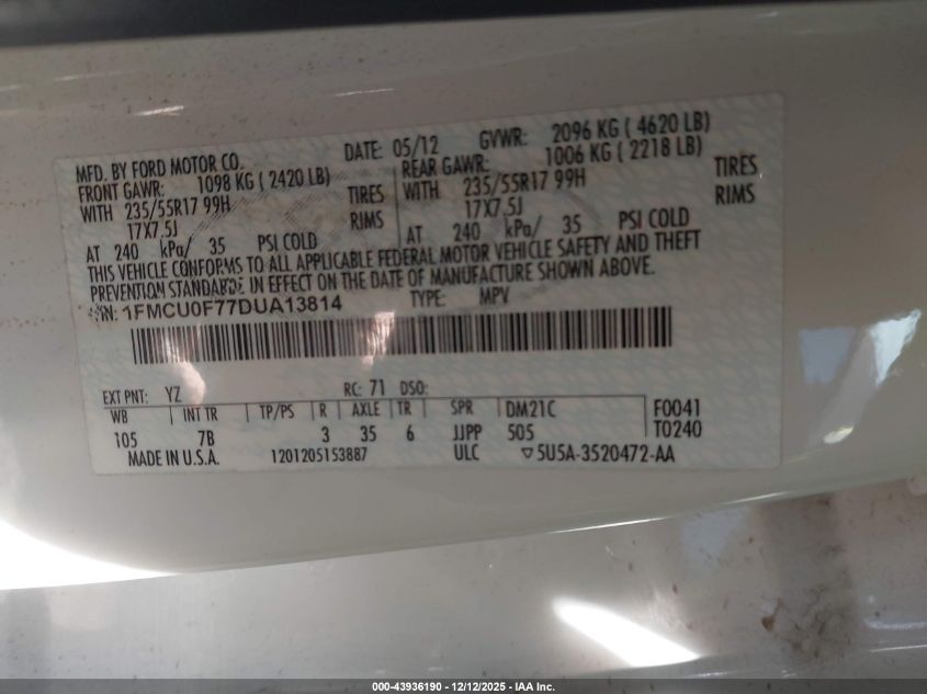 2013 Ford Escape S VIN: 1FMCU0F77DUA13814 Lot: 43936190