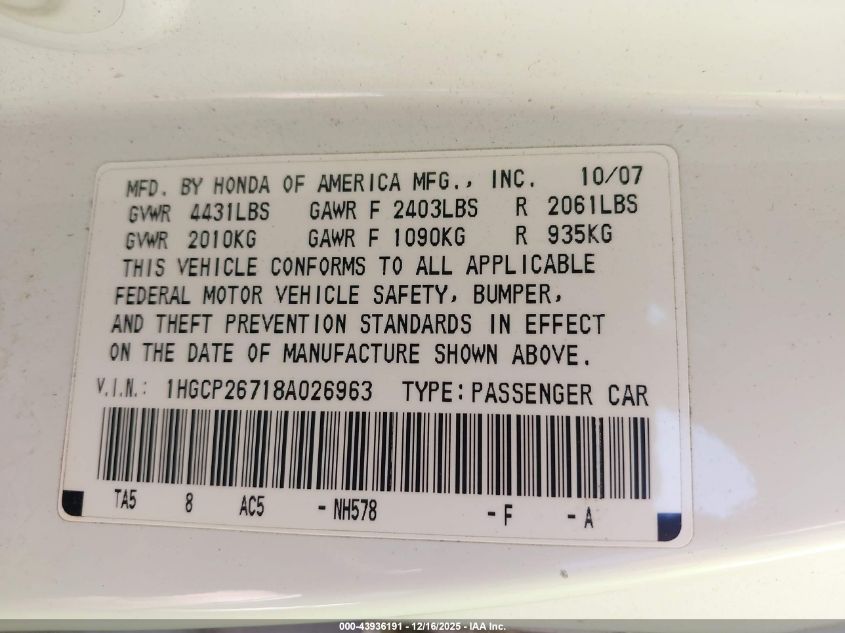 2008 Honda Accord 2.4 Ex VIN: 1HGCP26718A026963 Lot: 43936191