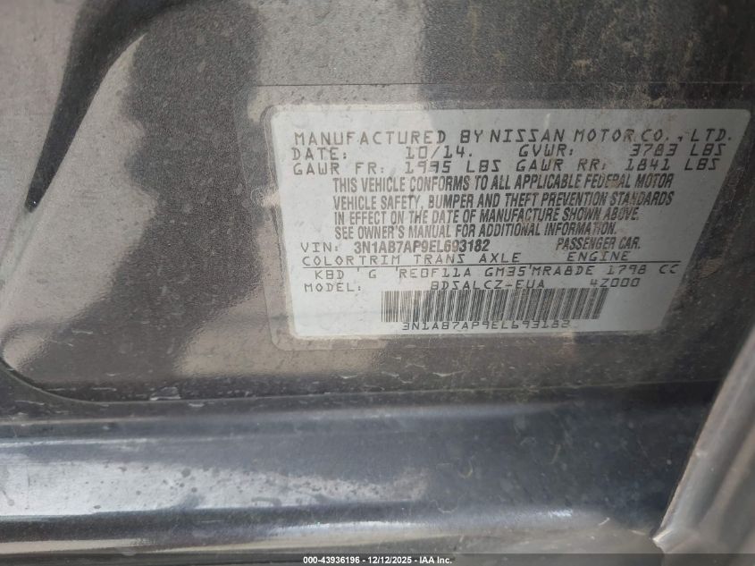 2014 Nissan Sentra S VIN: 3N1AB7AP9EL693182 Lot: 43936196