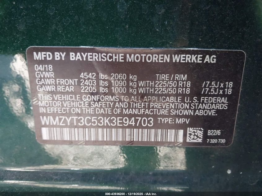 2019 Mini Countryman Cooper S VIN: WMZYT3C53K3E94703 Lot: 43936200