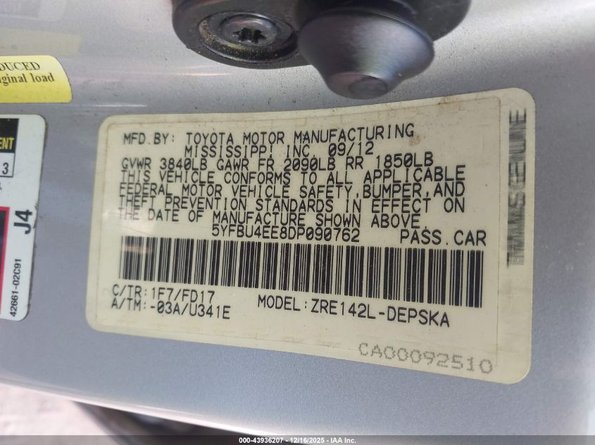 2013 Toyota Corolla S VIN: 5YFBU4EE8DP090762 Lot: 43936207