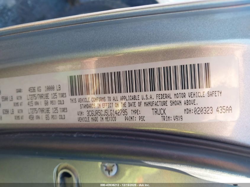 2020 Ram 2500 Tradesman 4X4 6'4 Box VIN: 3C6UR5CJ5LG142795 Lot: 43936212