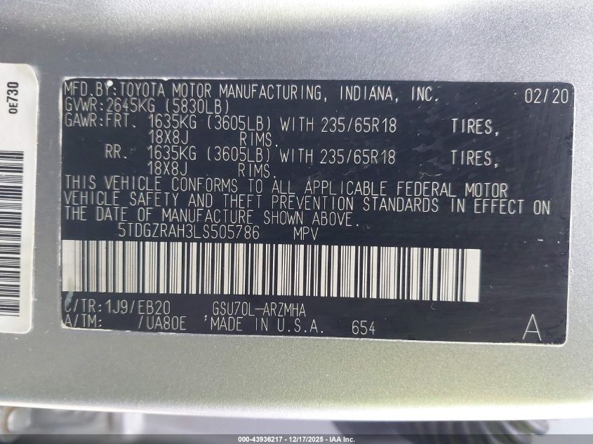 2020 Toyota Highlander Xle VIN: 5TDGZRAH3LS505786 Lot: 43936217