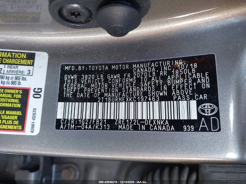 2019 Toyota Corolla Le VIN: 2T1BURHEXKC197463 Lot: 43936219