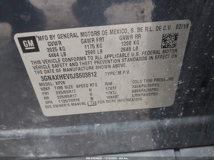 2018 Chevrolet Equinox Ls VIN: 3GNAXHEV0JS603812 Lot: 43936222