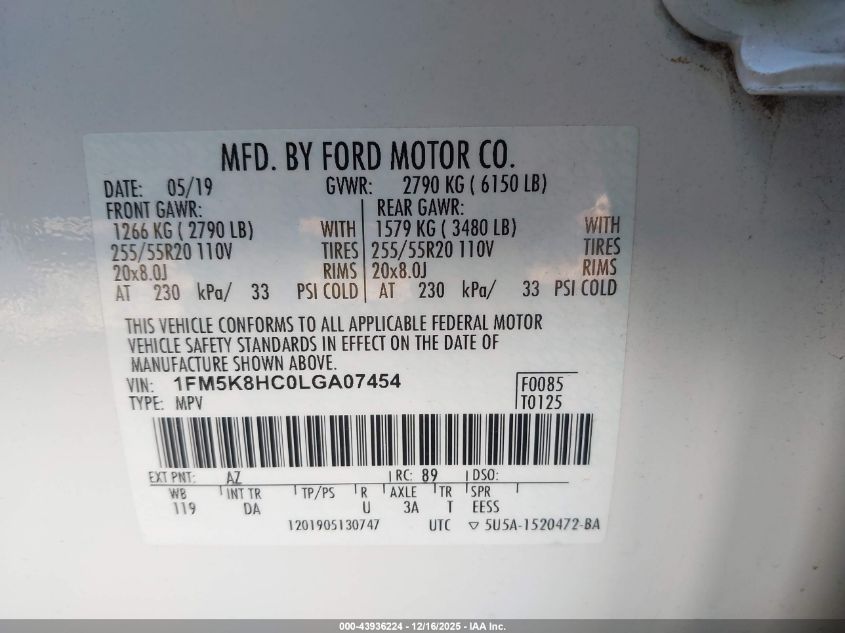 2020 Ford Explorer Platinum VIN: 1FM5K8HC0LGA07454 Lot: 43936224