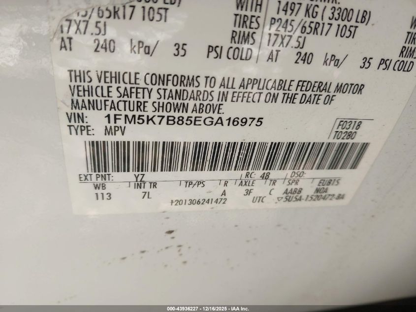 2014 Ford Explorer VIN: 1FM5K7B85EGA16975 Lot: 43936227