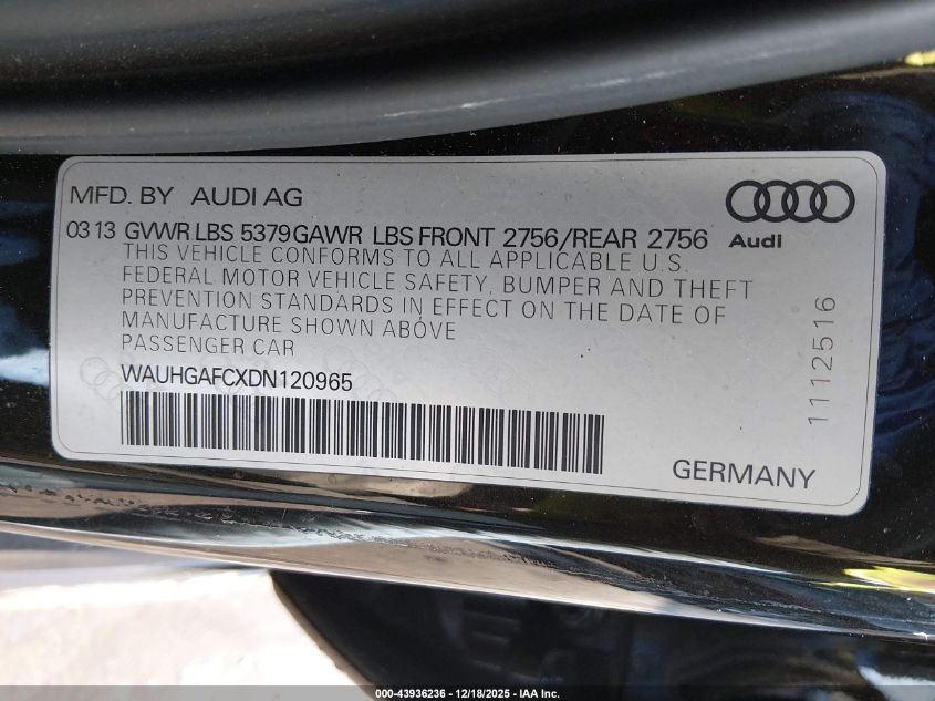 2013 Audi A6 3.0T Premium VIN: WAUHGAFCXDN120965 Lot: 43936236