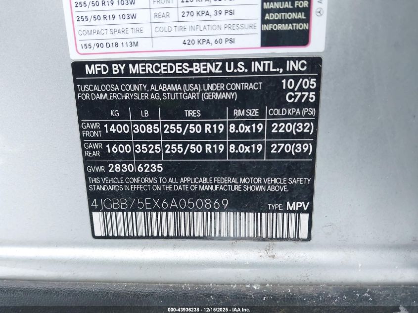 2006 Mercedes-Benz Ml 500 4Matic VIN: 4JGBB75EX6A050869 Lot: 43936238