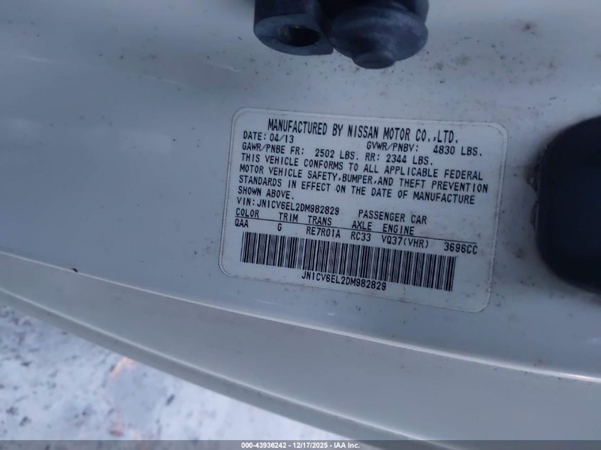 2013 Infiniti G37X VIN: JN1CV6EL2DM982829 Lot: 43936242