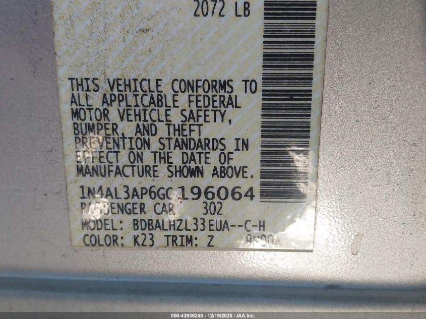 2016 Nissan Altima 2.5 Sr VIN: 1N4AL3AP6GC196064 Lot: 43936240