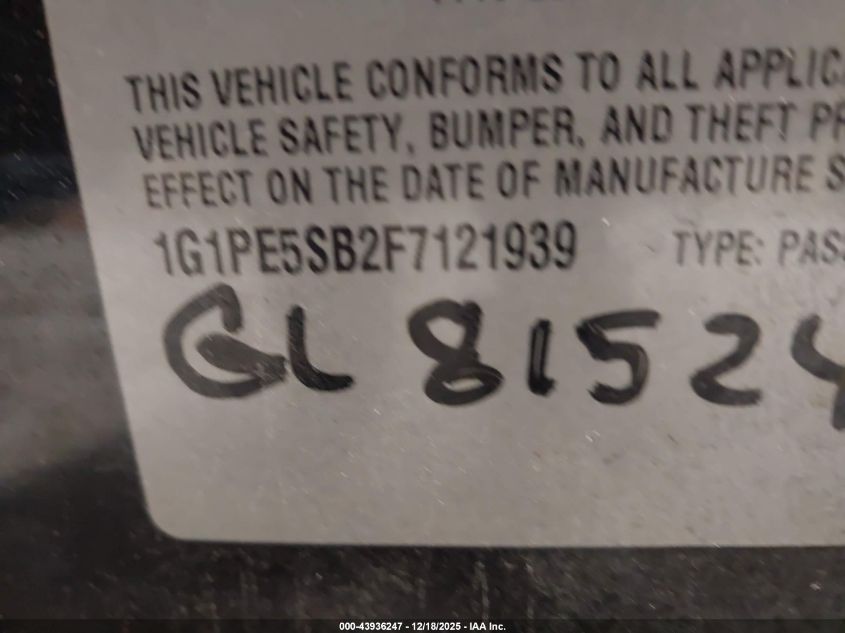 2015 Chevrolet Cruze 2Lt Auto VIN: 1G1PE5SB2F7121939 Lot: 43936247