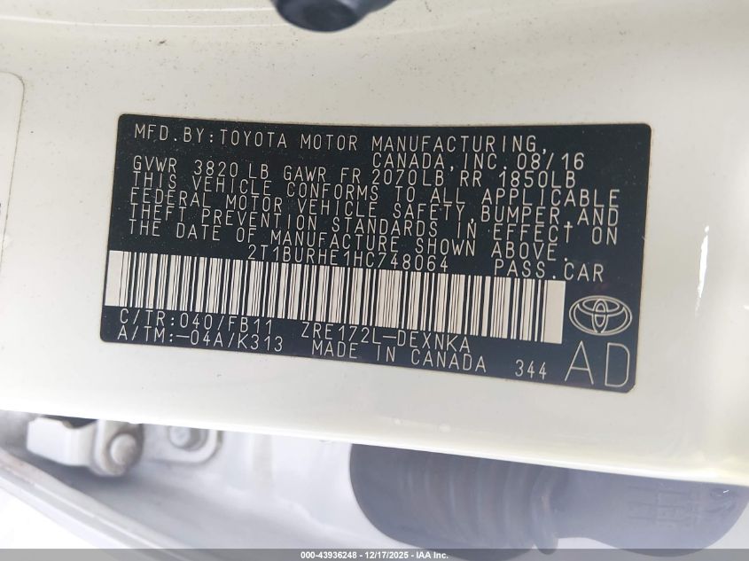 2017 Toyota Corolla Le VIN: 2T1BURHE1HC748064 Lot: 43936248