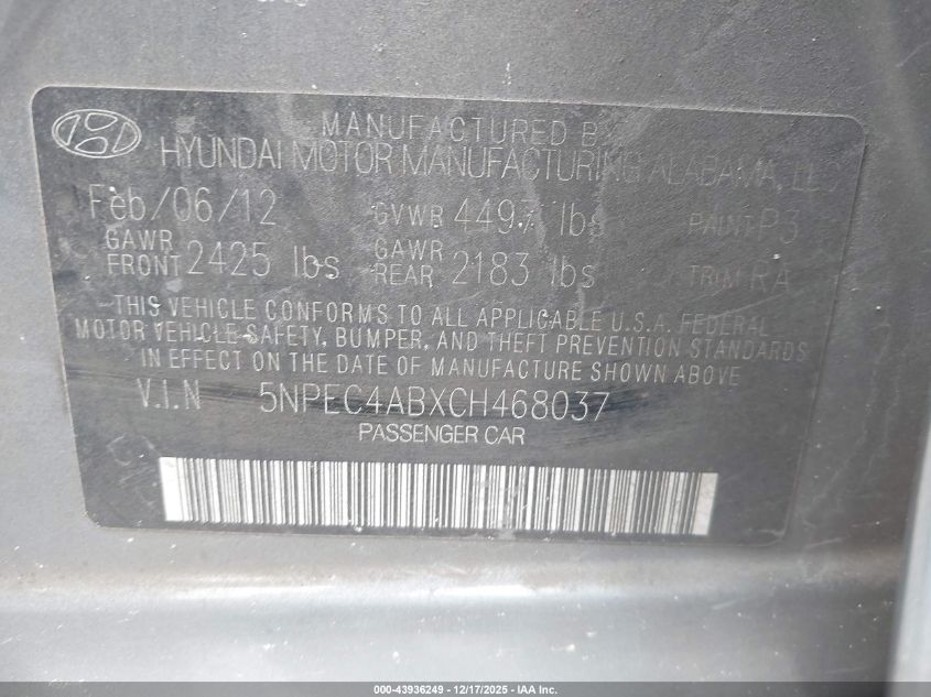 2012 Hyundai Sonata Se 2.0T VIN: 5NPEC4ABXCH468037 Lot: 43936249