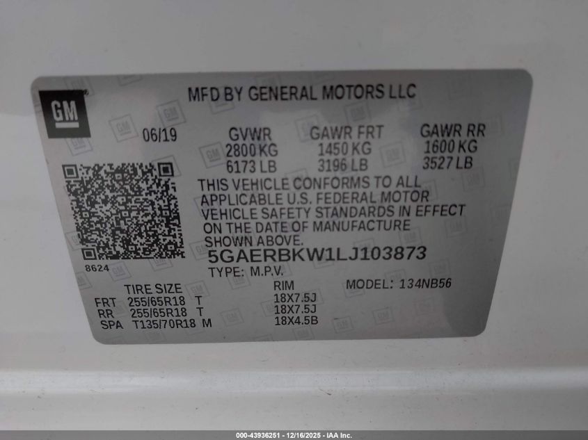 2020 Buick Enclave Fwd Essence VIN: 5GAERBKW1LJ103873 Lot: 43936251