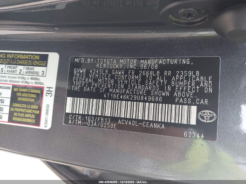 2009 Toyota Camry Le VIN: 4T1BE46K29U849686 Lot: 43936255