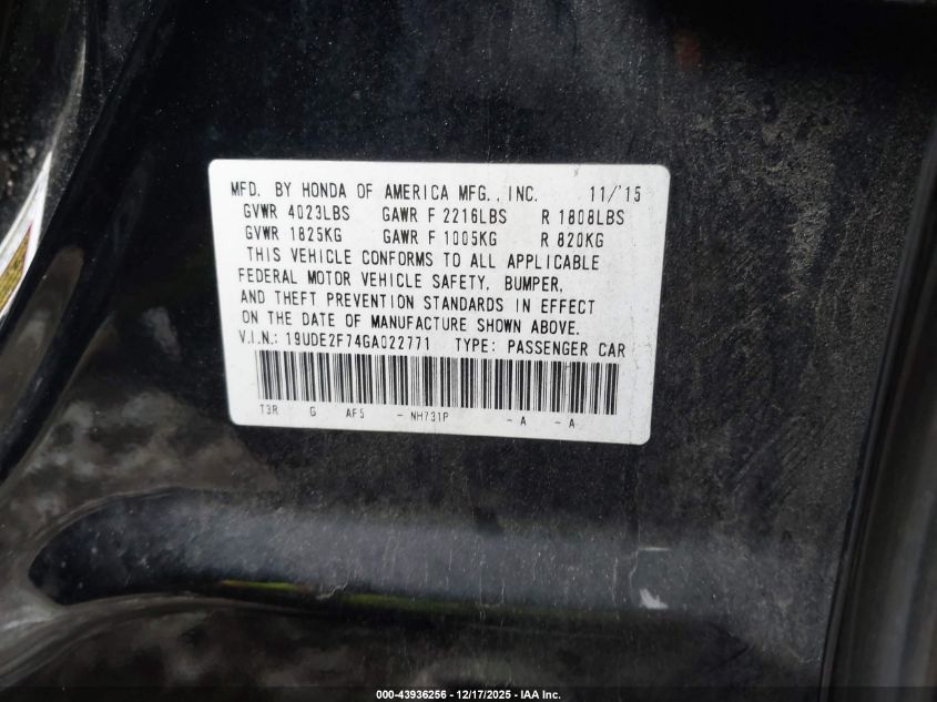 2016 Acura Ilx Premium Package/Technology Plus Package VIN: 19UDE2F74GA022771 Lot: 43936256